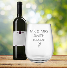 Load image into Gallery viewer, Engraved Stemless Wedding Wine Glass