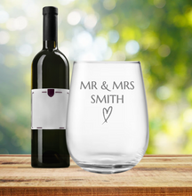Load image into Gallery viewer, Engraved Stemless Wedding Wine Glass