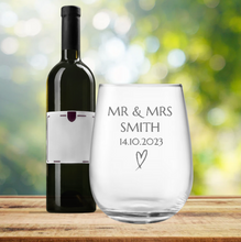 Load image into Gallery viewer, Engraved Stemless Wedding Wine Glass
